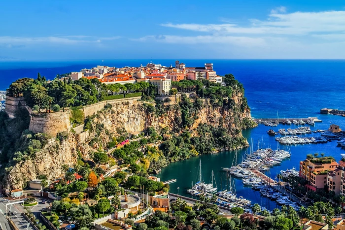 Monaco Monte Carlo sea rocks beach sky boats coast houses 2k