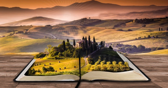 open book with grass fields and tall trees wallpaper Landscape 2k 4k