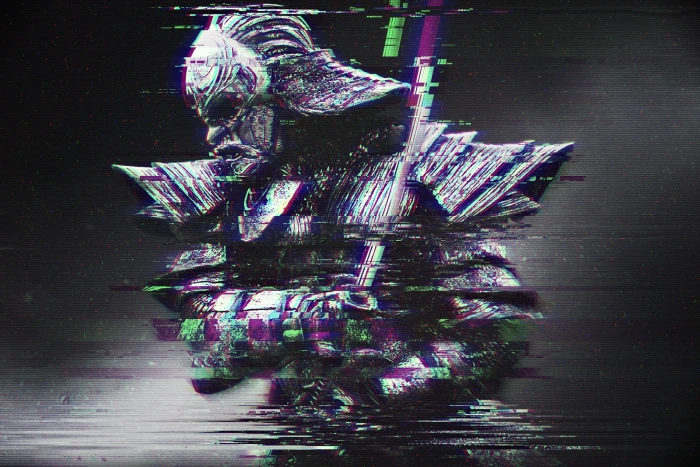 Samurai warrior digital wallpaper glitch art abstract distortion 2k