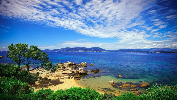 sky sea coast corsica water shore france europe tropics 2k 4k