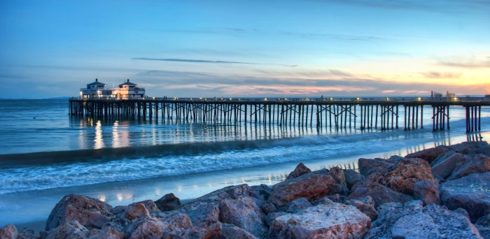 brown board walk and rock formation Evening Malibu california 2k 4k 5k