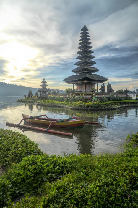 Canoe on Body of Water With Pagoda Background architecture bali 2k 4k