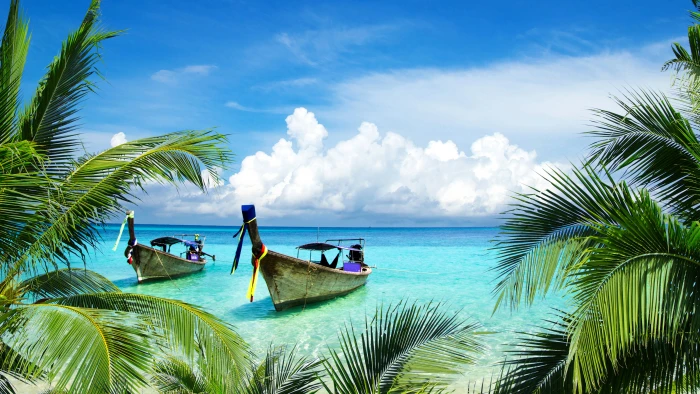 Coconut trees Tropical Beach Boats Island 2k 4k