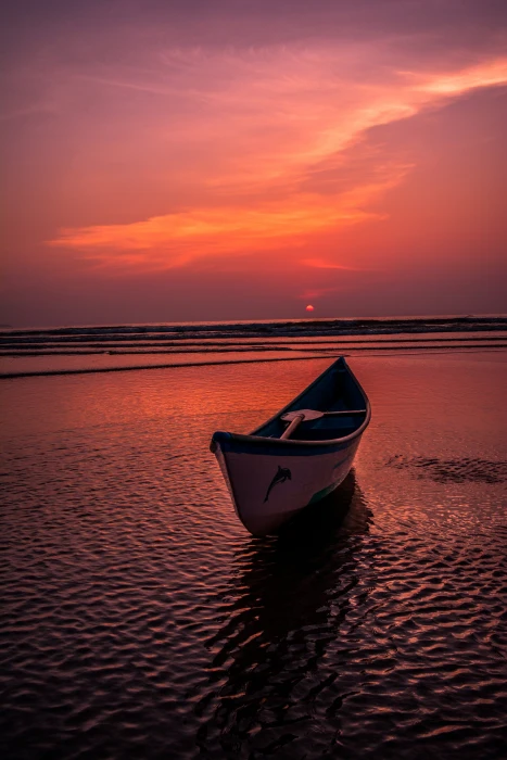 empty boat during golden hourse ocean sunset beach nature 2k 4k