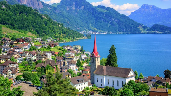 lake lucerne sky mountain village europe st mary church 2k 4k