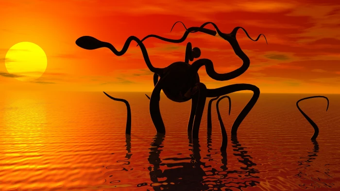 monster scifi sunset fantasy art silhouette water 2k 4k 5k 8k