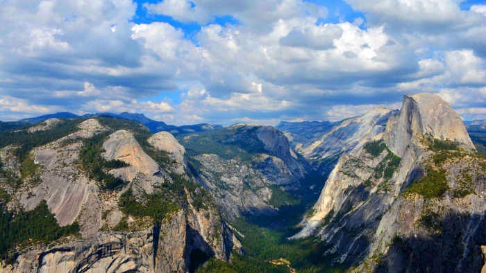 mountains with green trees under white clouds Yosemite wallpaper 2k 4k 5k