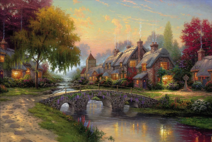 river near houses painting summer bridge picture art Thomas Kinkade 2k
