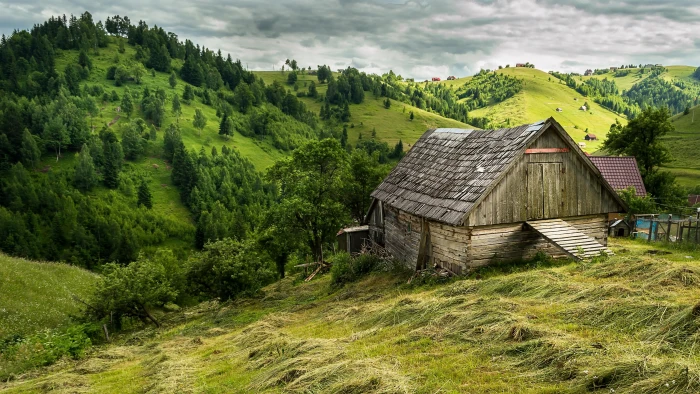 rolling hills europe romania highland hut rural area grassland 2k 4k