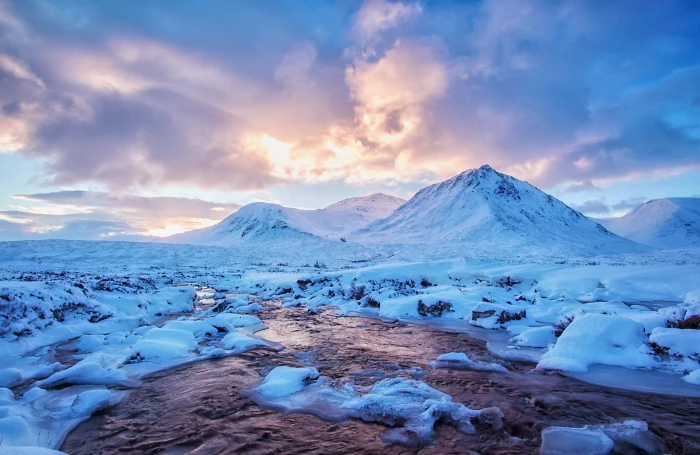 Snow covered mountain beside body of water Scotland West Highlands 2k 4k 5k