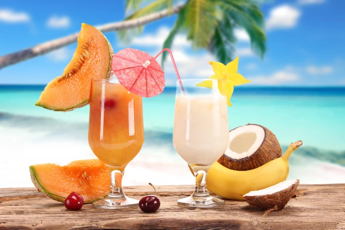 two clear footed glasses summer cherry stay coconut juice 2k 4k 5k