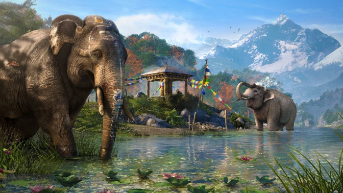 two elephants at the lake painting Far Cry 4 artwork video games 2k 4k
