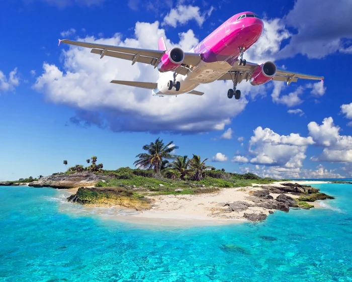 white and pink airplane sea beach tropics The plane flying over the island 2k 4k 5k