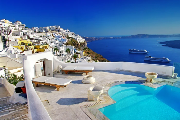 white swimming pool sea landscape nature home Santorini 2k 4k 5k