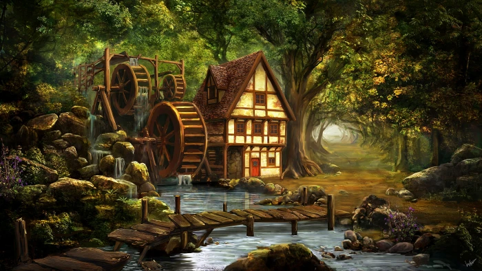 woodland fantasy art magical watermill illustration picturesque 2k 4k