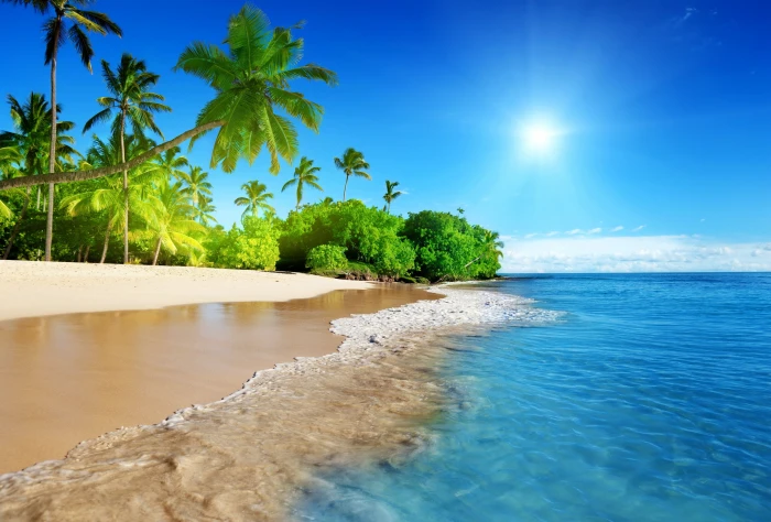beach blue coast emerald paradise sea sky sunshine tropical 2k 4k 5k
