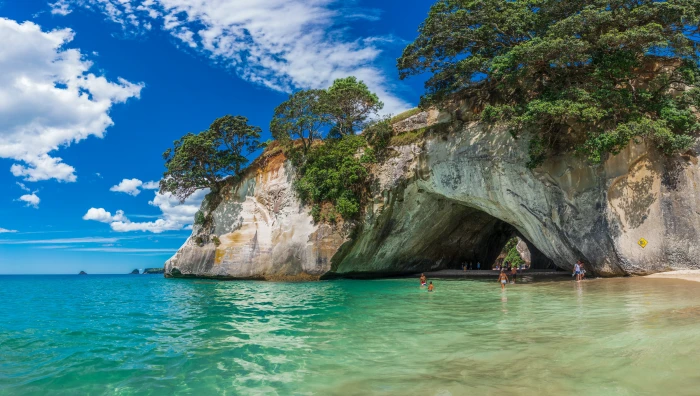 beach new zealand water cathedral cove ocean sea sand 2k 4k 5k
