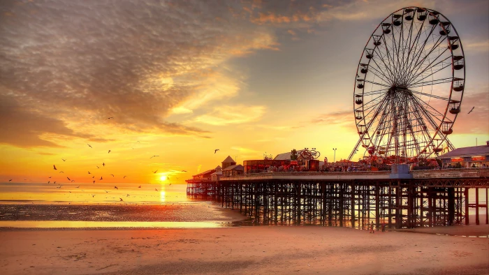 black ferris wheel sunset beach UK pier Blackpool birds 2k 4k 5k