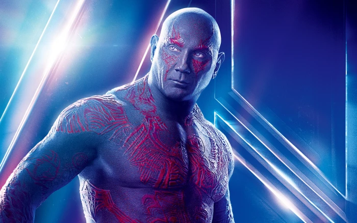 Drax in Avengers Infinity War Dave Bautista looking at camera 2k 4k