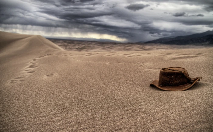 Face The Storm brown cowboy hat Nature Desert Landscape Sand 2k 4k 5k