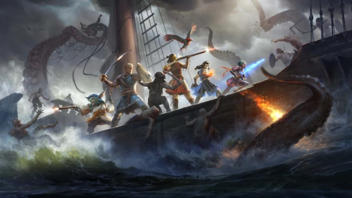 group of warriors on boat with monster tentacles illustration 2k 4k 5k 8k