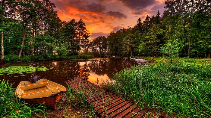 lake scenery forest trees boat pier sunset reflection 2k 4k