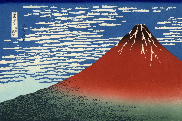 red and green volcano illustration mount fuji japan painting 2k 4k