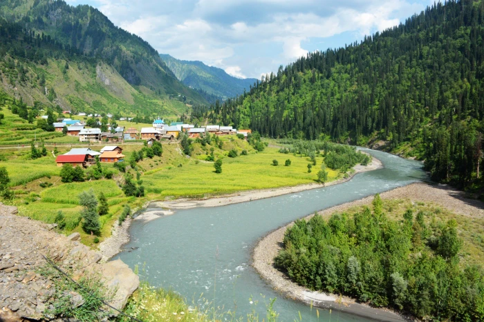 river surrounded by mountains neelam pakistan valley summer 2k 4k