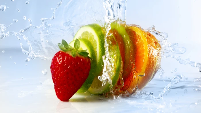 slice of citrus fruit and strawberry with splash water lime 2k 4k 5k 8k