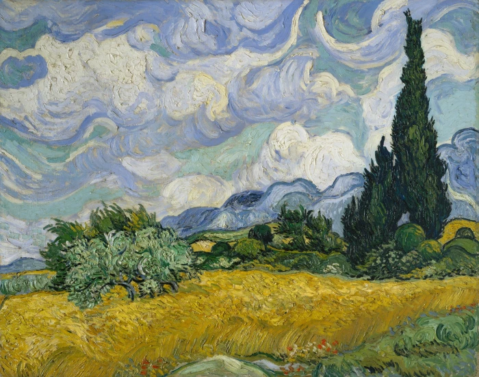 trees and grasses painting vincent van gogh wheat field with cypresses 2k 4k