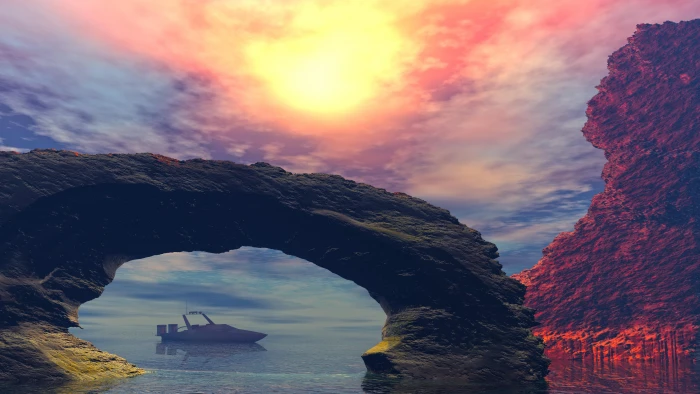 digital art fantasy landscape bay rock uhd nature motorboat 2k 4k 5k 8k