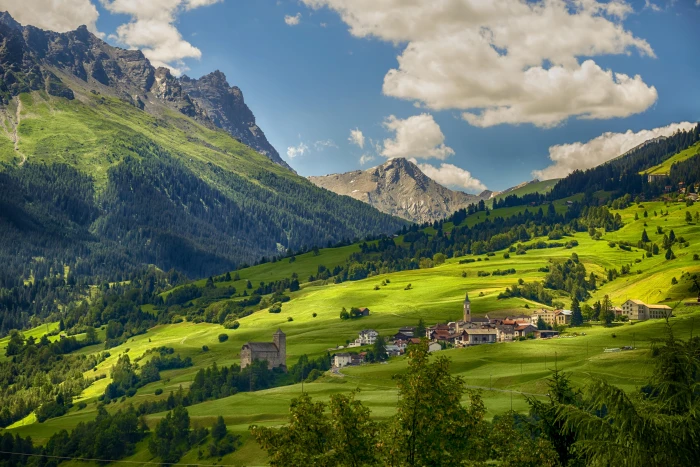 switzerland village mountains alpine landscape panorama 2k 4k 5k