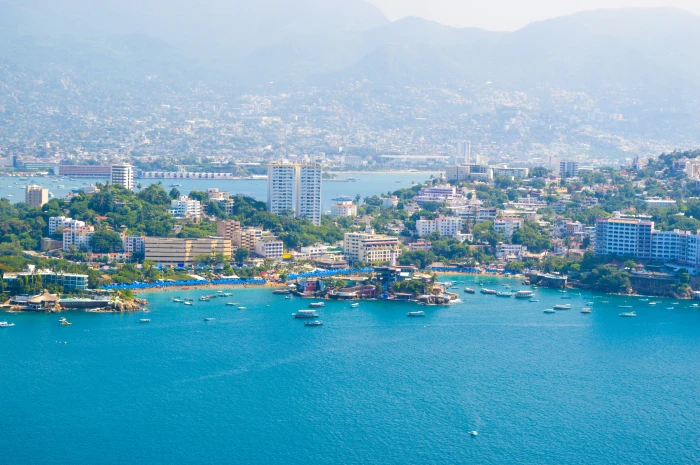 aerial view of city buildings near body water acapulco paradise 2k 4k 5k