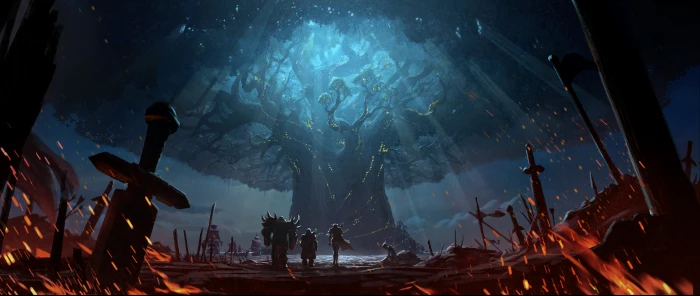 game application digital wallpaper three character standing in front of lighted tree 2k 4k 5k 8k 10k
