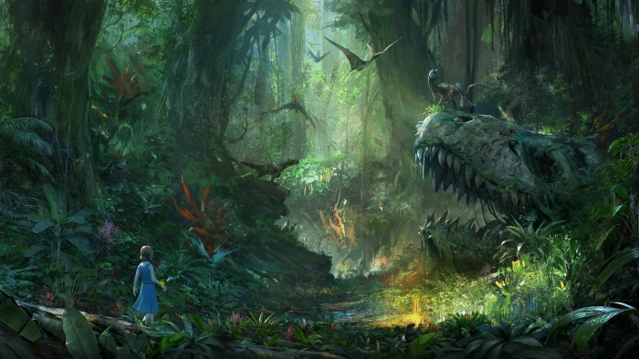 girl with blue dress walks in forest dinosaurs digital wallpaper 2k 4k 5k