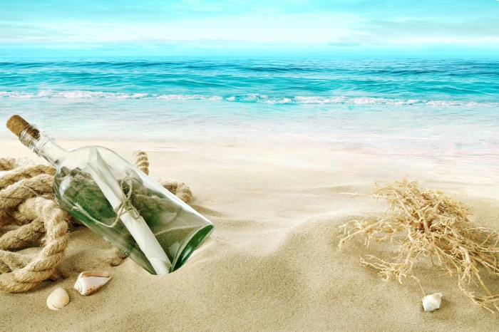message in a bottle wallpaper sand sea beach shore shell 2k 4k 5k