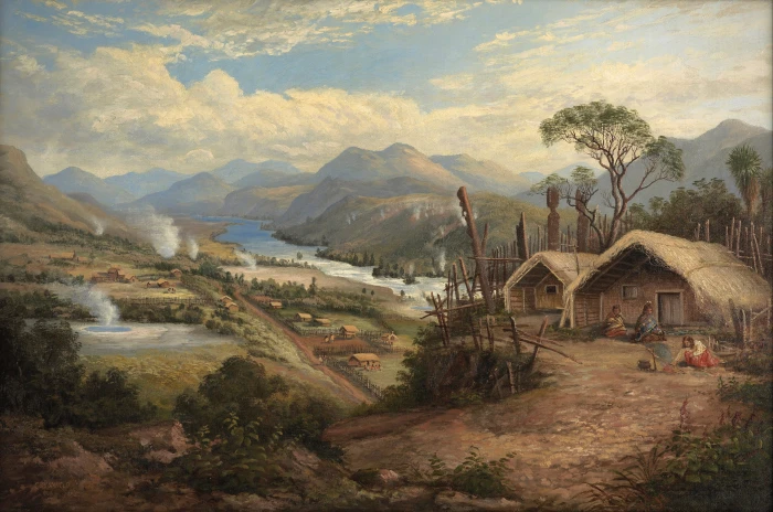 people living on brown shacks above hill painting charles blomfield 2k 4k 5k