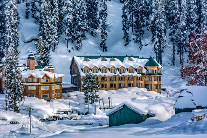 snow covered building near trees landscape view himalayas 2k 4k 5k