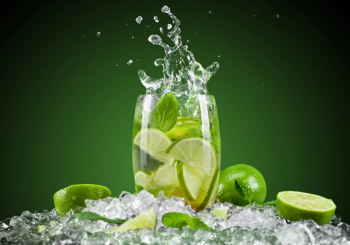 citrus fruits ice squirt green background glass cocktail 2k 4k 5k