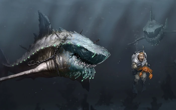 illustration of man and shark wallpaper digital art fish underwater 2k
