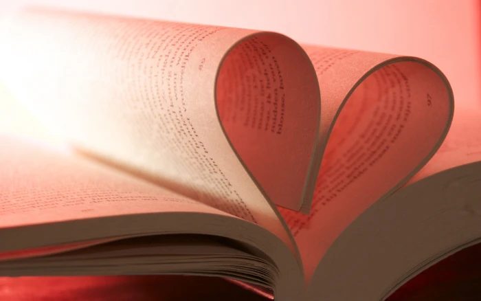white book page books heart pink background depth of field 2k