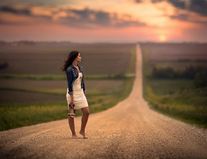 Barefoot girl on road wait dress space bokeh 2k
