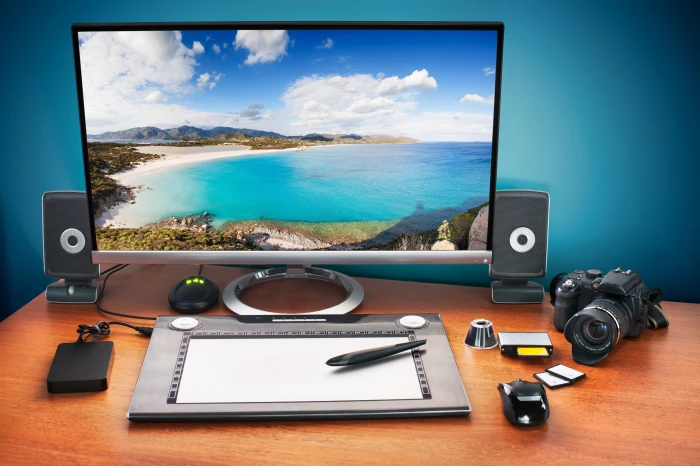 black flat screen TV card landscape table mouse the camera 2k 4k 5k