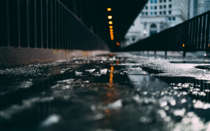 black metal rails shallow focus photography of wet hallway road 2k