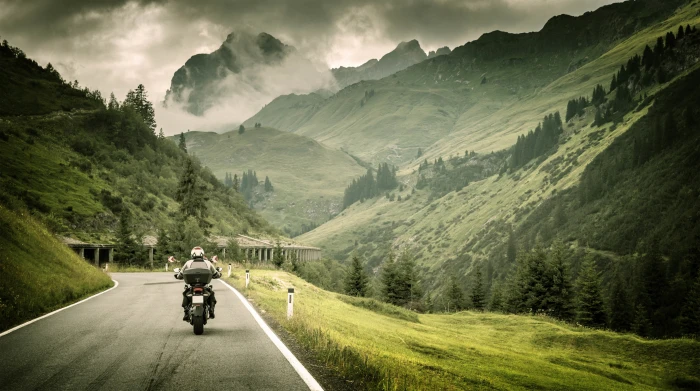 black motorcycle road grass landscape mountains nature markup 2k 4k 5k