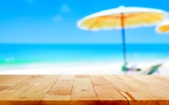 brown wooden table sand sea beach summer the sky sun 2k