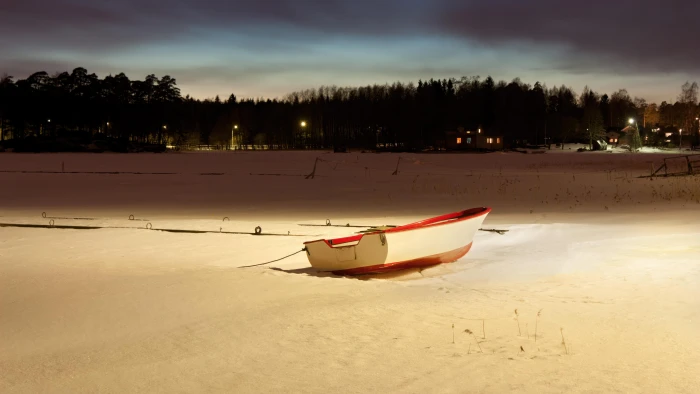 Boat stuck in snow during winter night landscape HQ 2k 4k