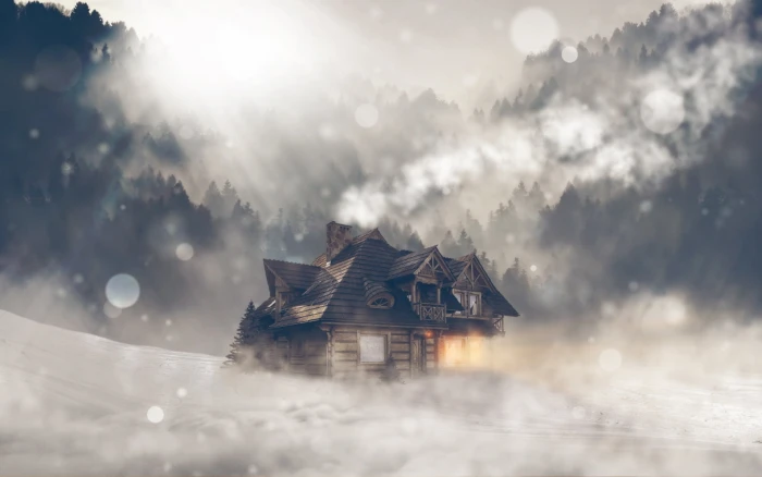 gray 2 storey house nature landscape winter snow mist cabin 2k