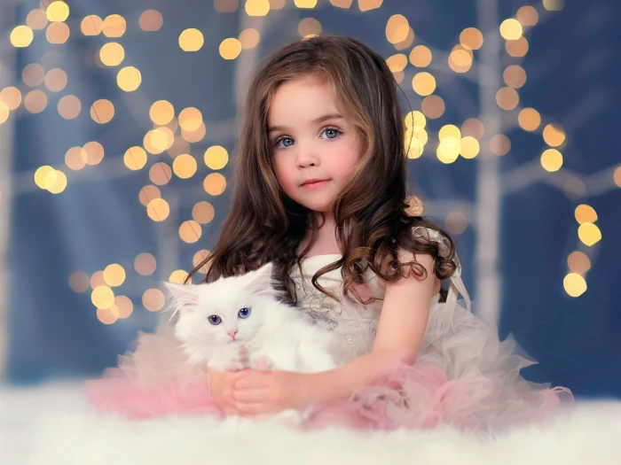 Cute girl white kitten lights bokeh 2k