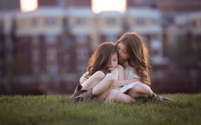 Cute girls children grass bokeh 2k